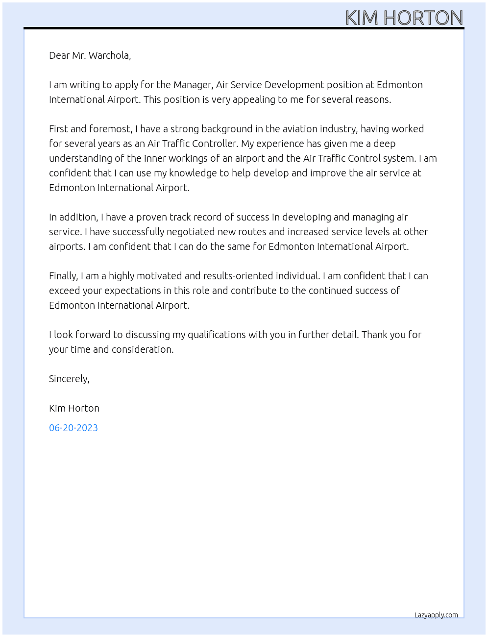 Manager, Air Service Development At Edmonton International Airports Cover Letter