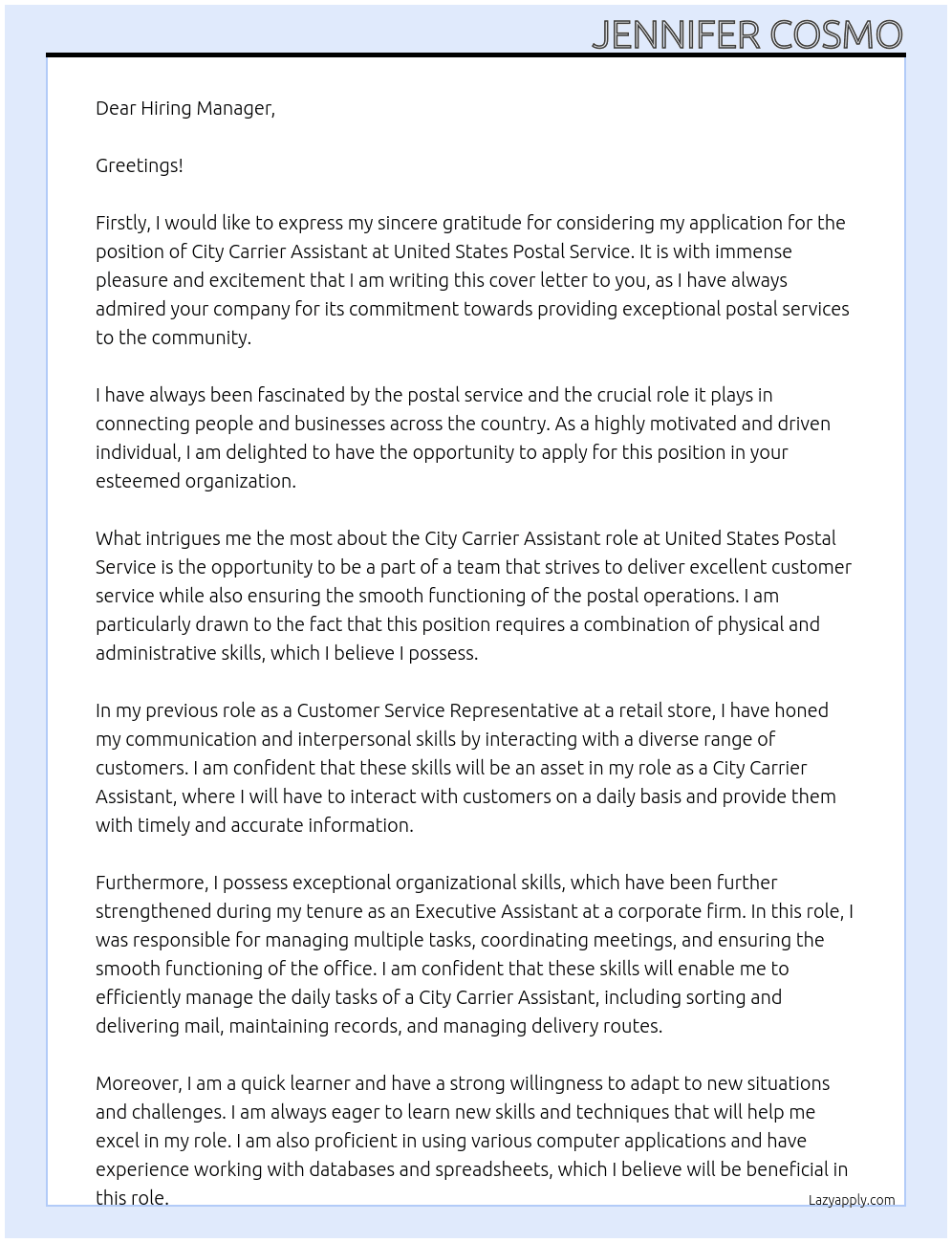 City Carrier Assistant At United States Postal Service Cover Letter