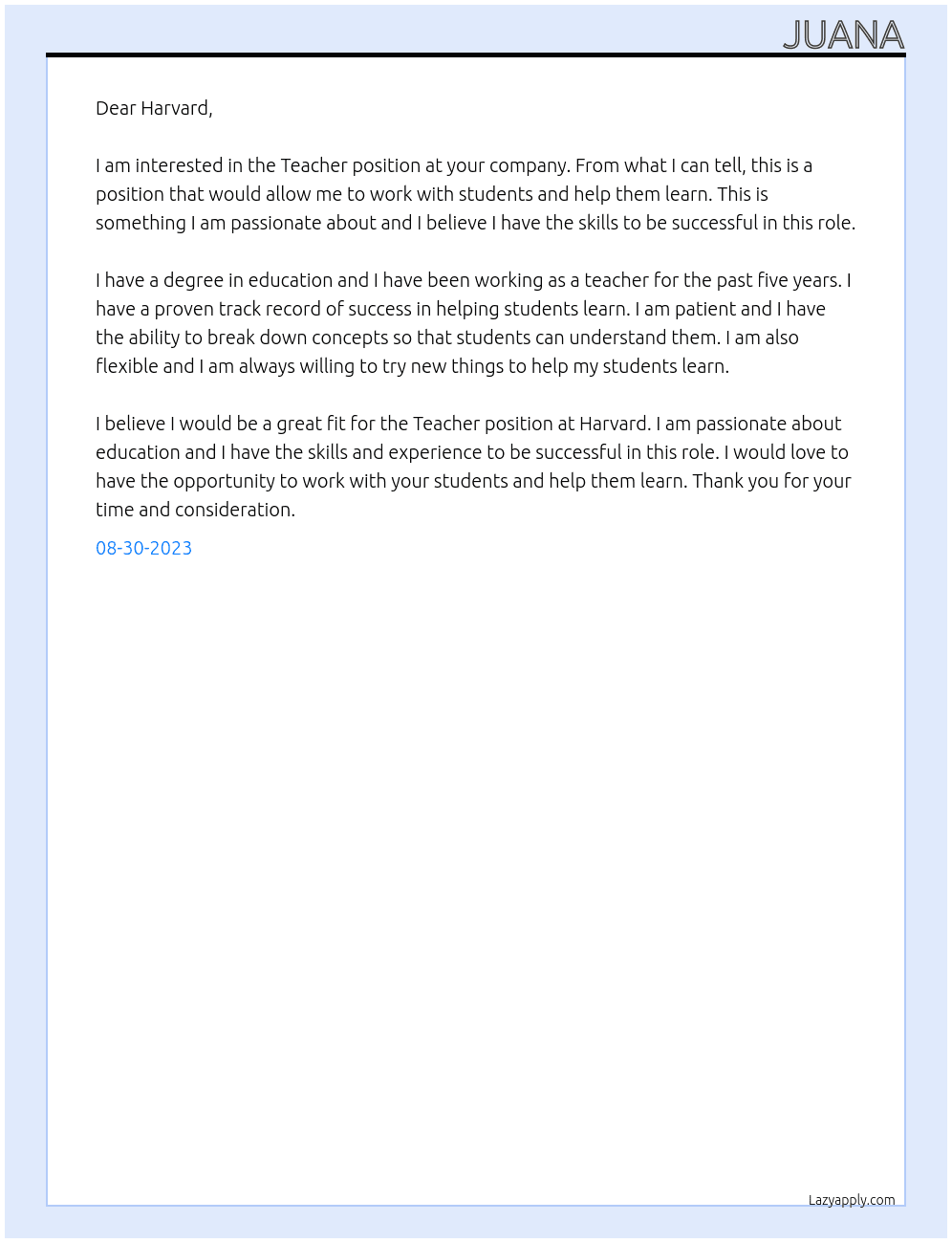 Teacher At harvard Cover Letter