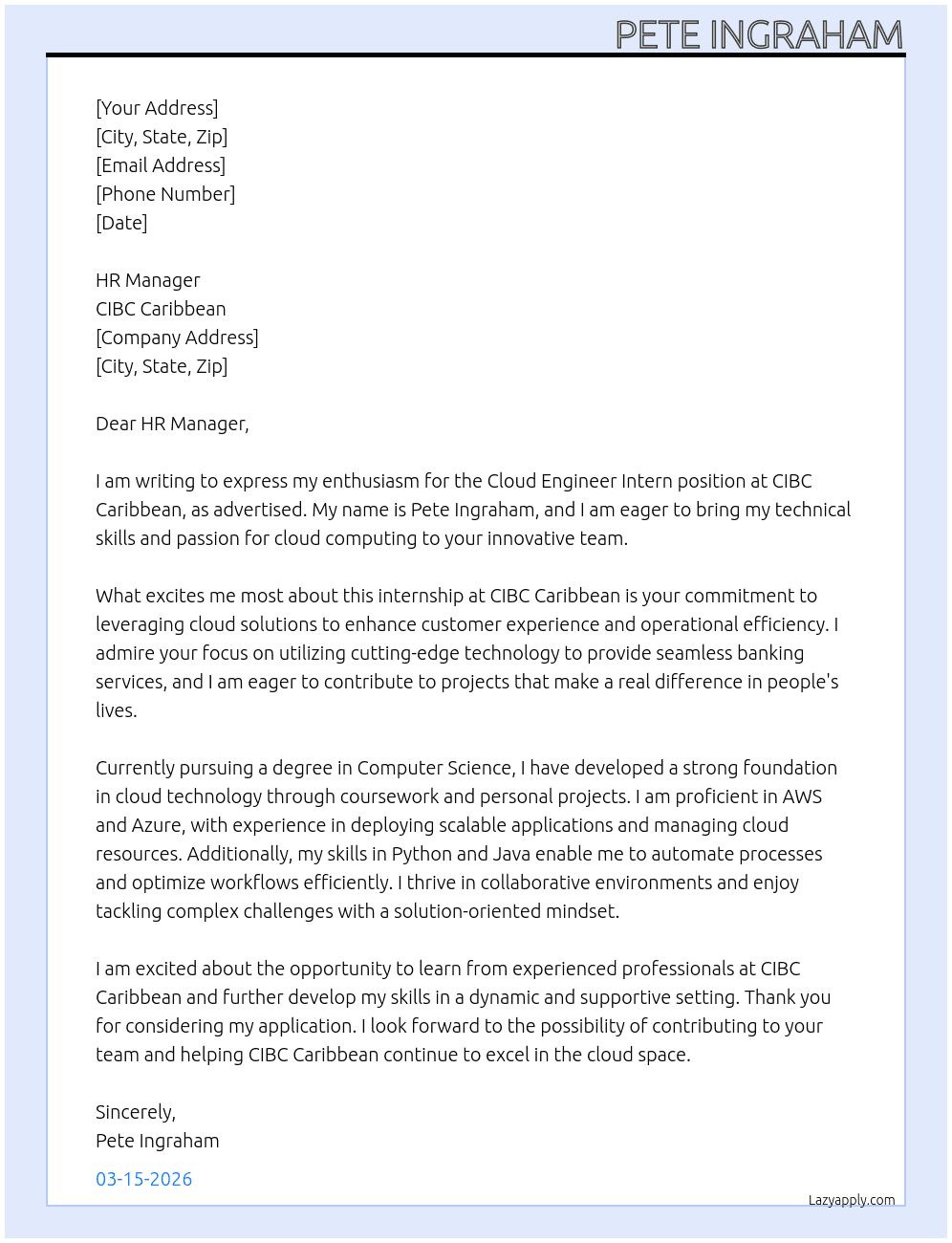 Cloud engineer intern At CIBC Caribbean Cover Letter