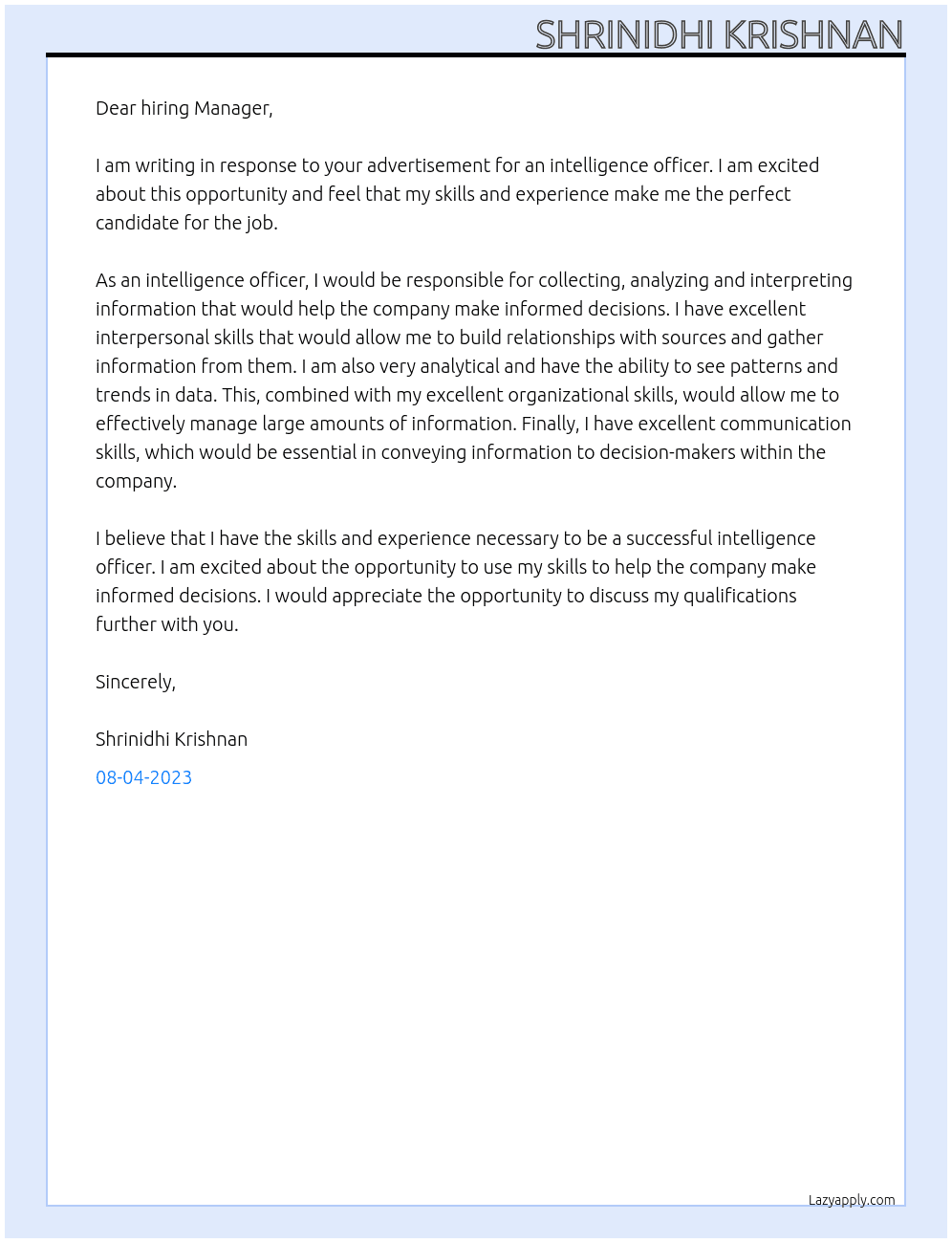 Intelligence Officer At Canadian Security Intelligence officer Cover Letter