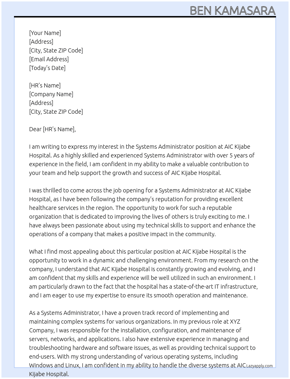 systems administrator At AIC KIJABE HOSPITAL Cover Letter