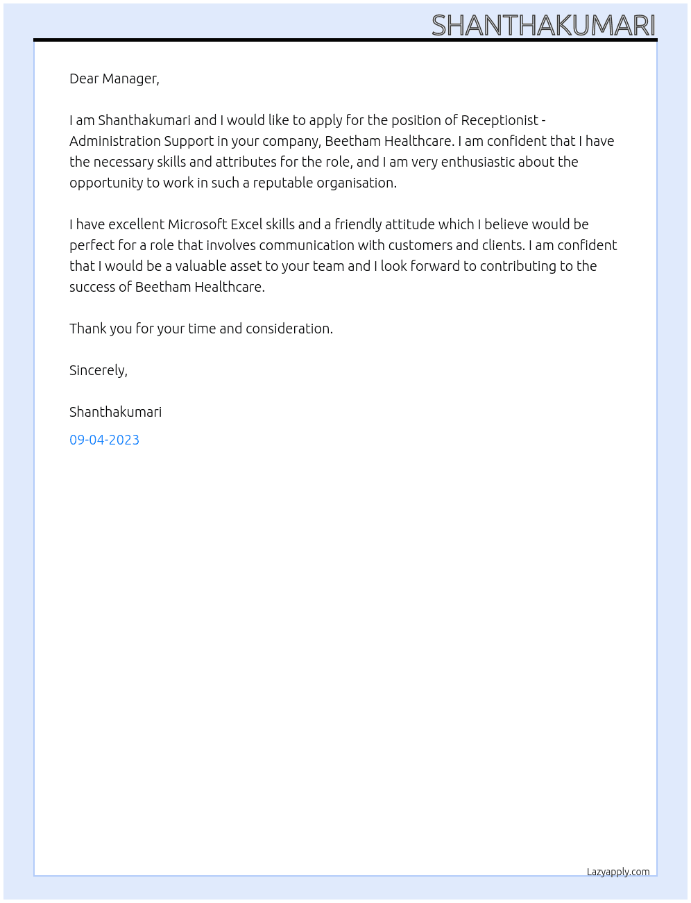 Receptionist - Administration Support At Beetham Healthcare Cover Letter