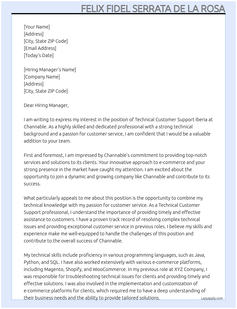 Technical Customer Support Iberia At Channable Cover Letter