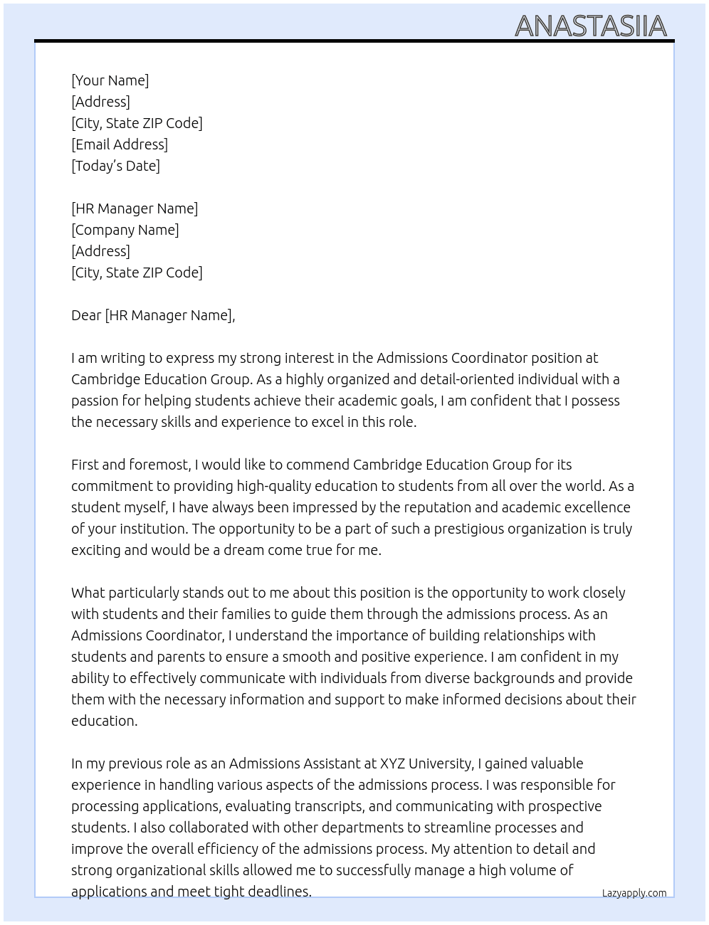 Admissions coordinator At Cambridge Education Group Cover Letter