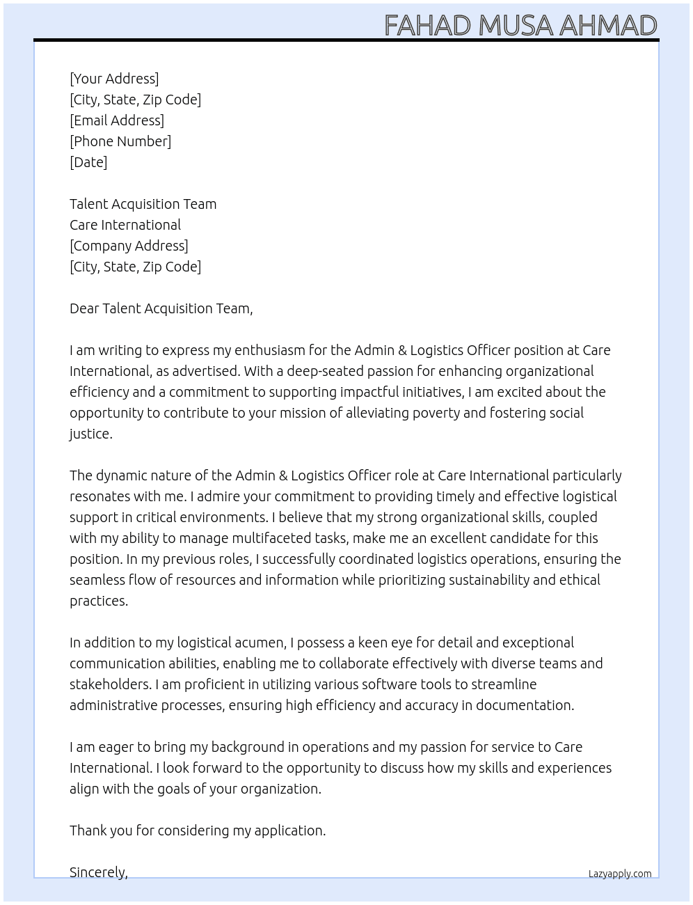 Cover letter for admin & logistics officer - LazyApply