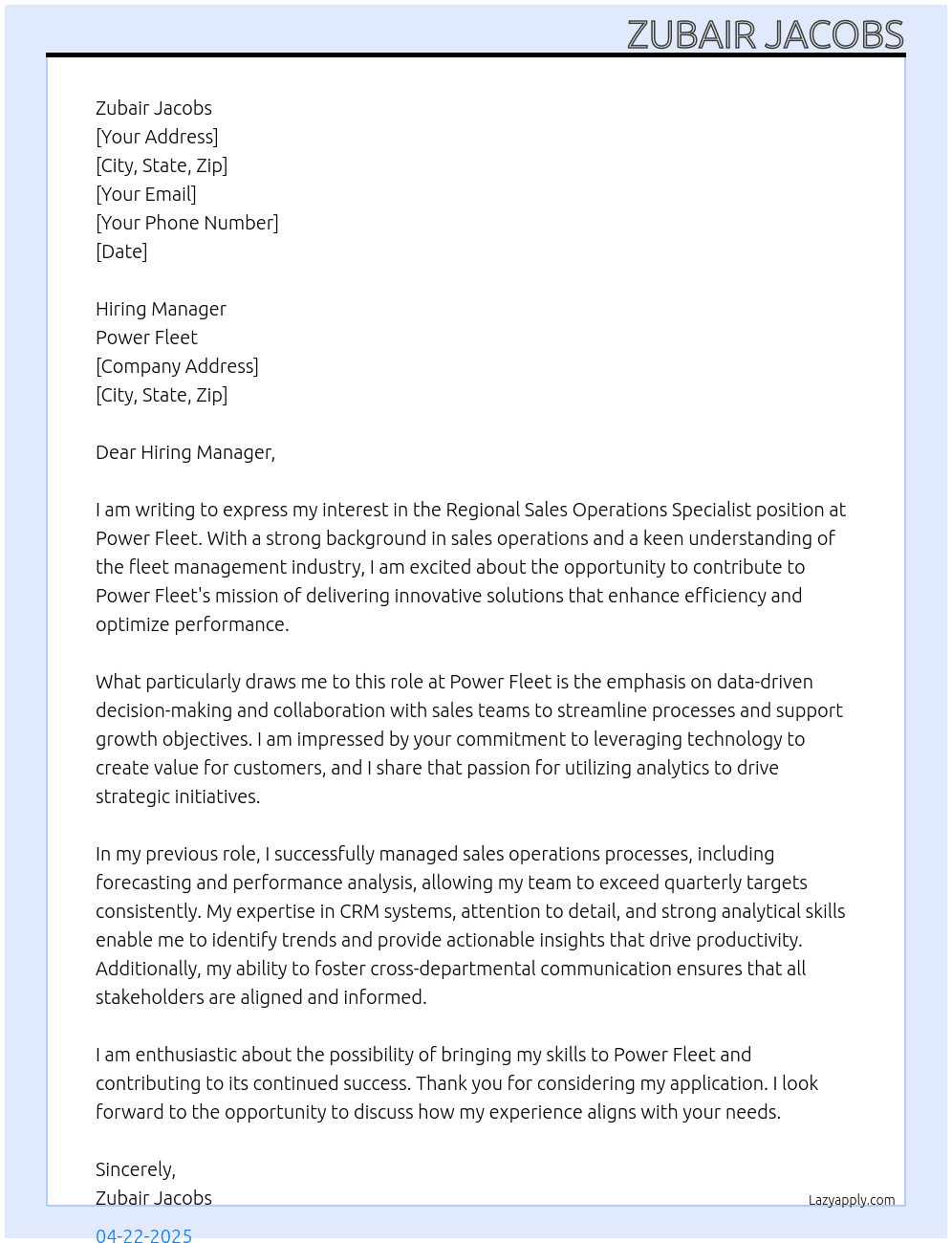 Regional Sales Operations Specialist At Power Fleet Cover Letter