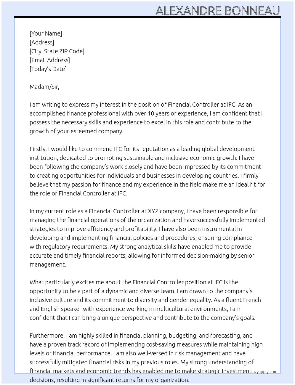 Financial controller At IFC Cover Letter