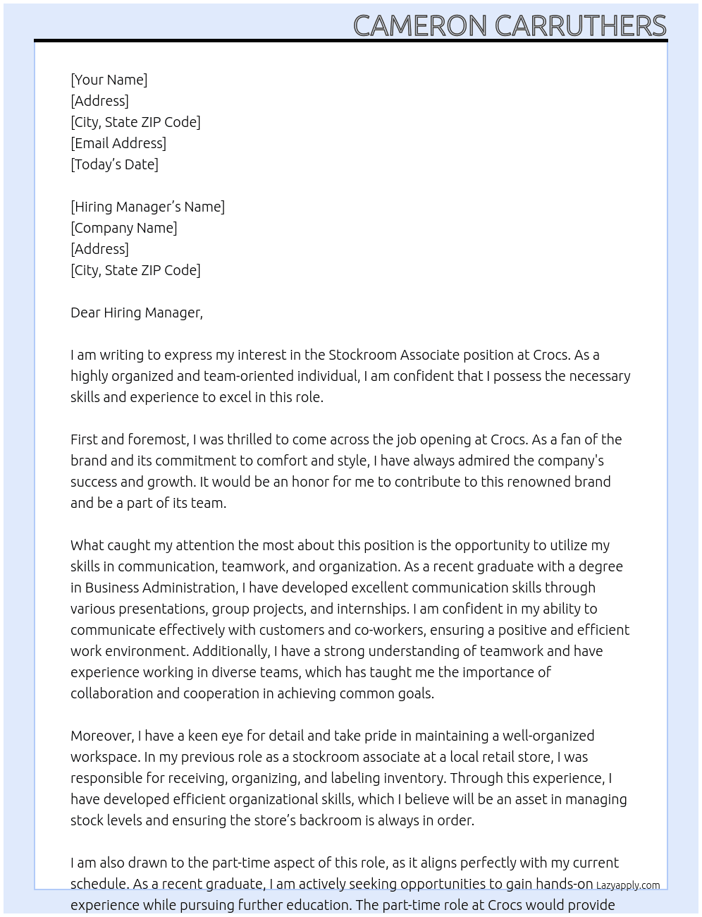 Stockroom Associate At Crocs  Cover Letter