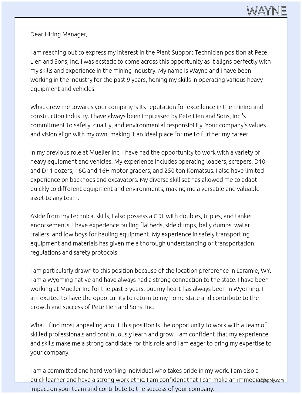 plant support technician At Pete Lien and Sons, Inc. Cover Letter