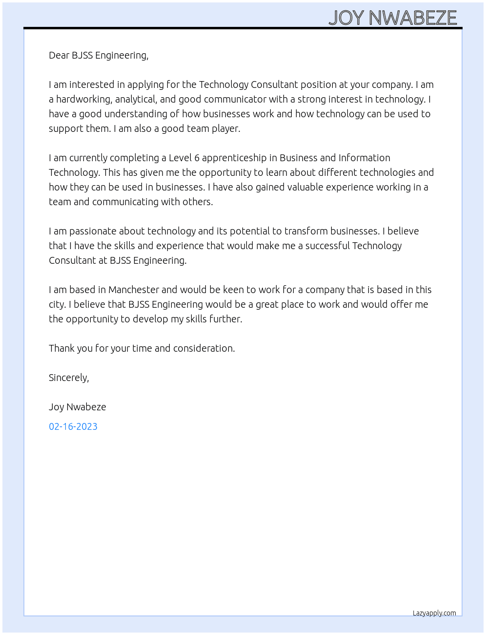 Cover letter for technology consultant - LazyApply