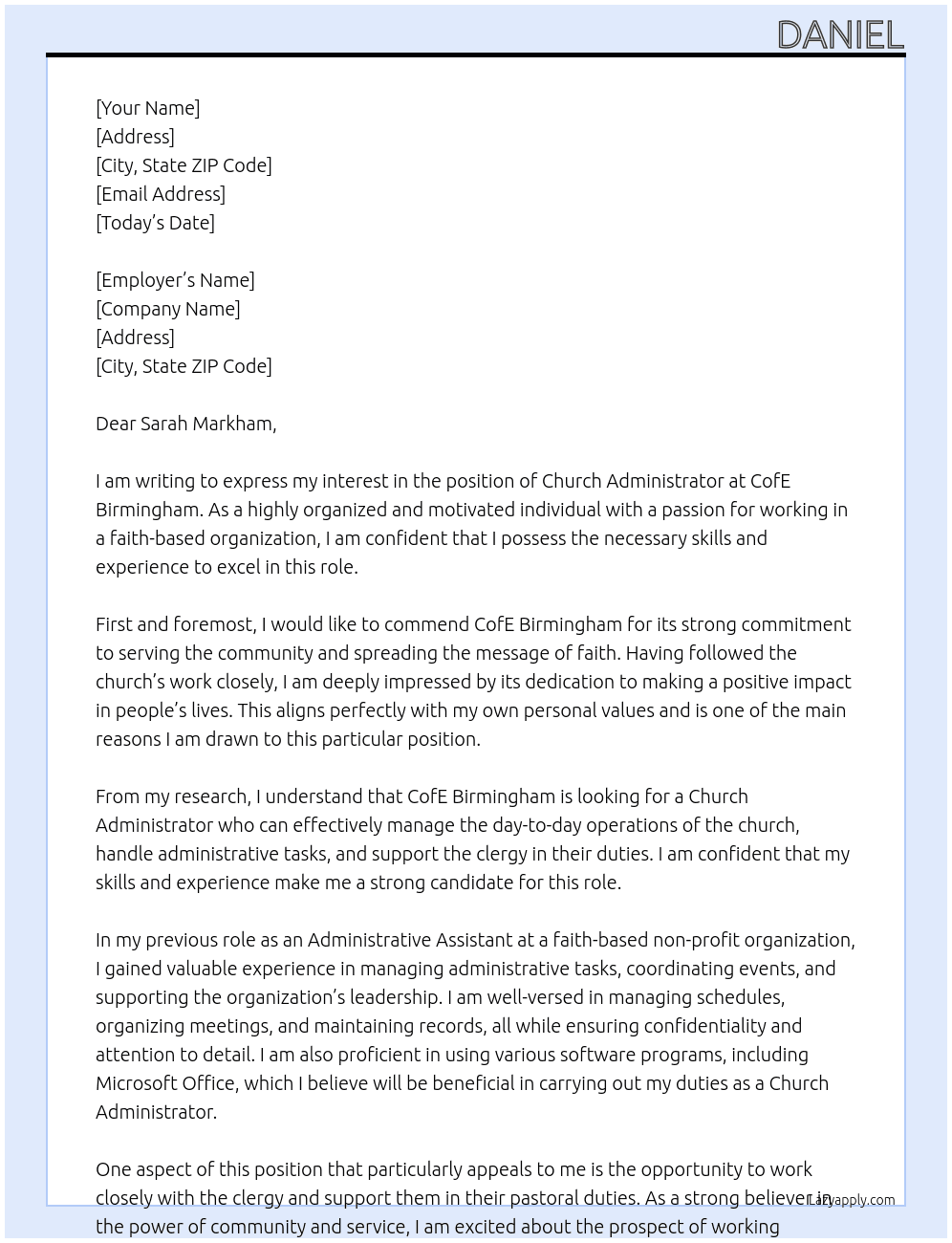 Church Administrator At CofE Birmingham Cover Letter
