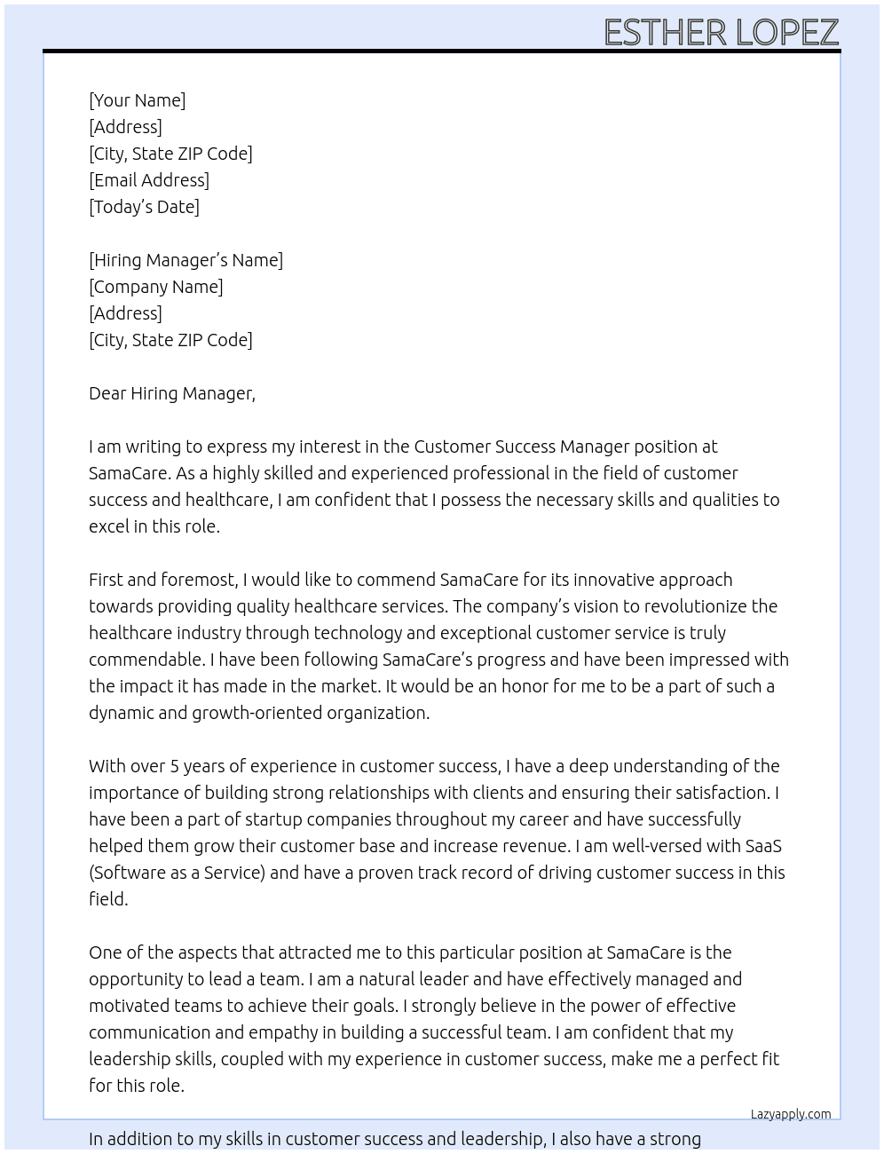 Customer Success Manager At SamaCare Cover Letter