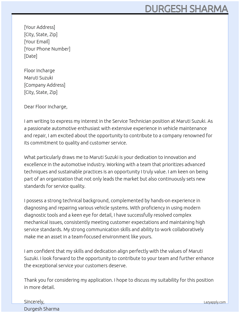 Cover letter for service technician - LazyApply
