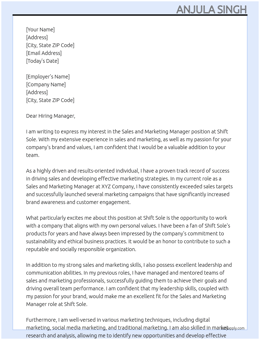 Sales and Marketing manager  At Shift sole  Cover Letter
