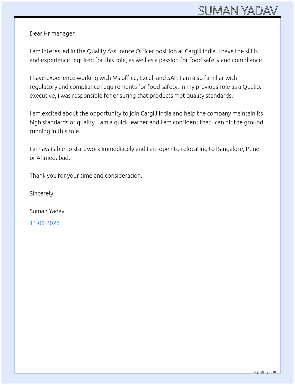 Quality Assurance Officer  At Cargill India  Cover Letter