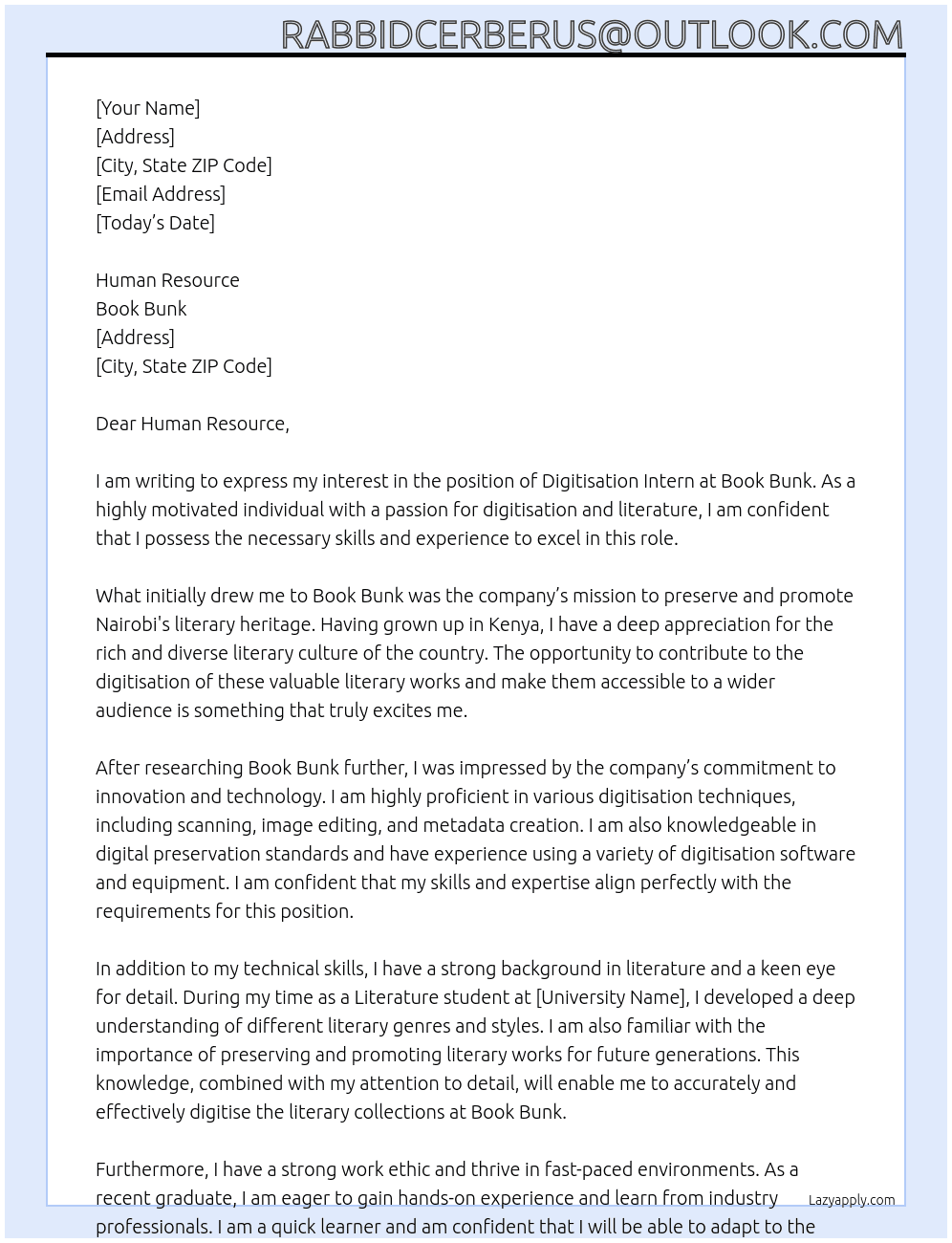 digitisation intern At Book Bunk Cover Letter