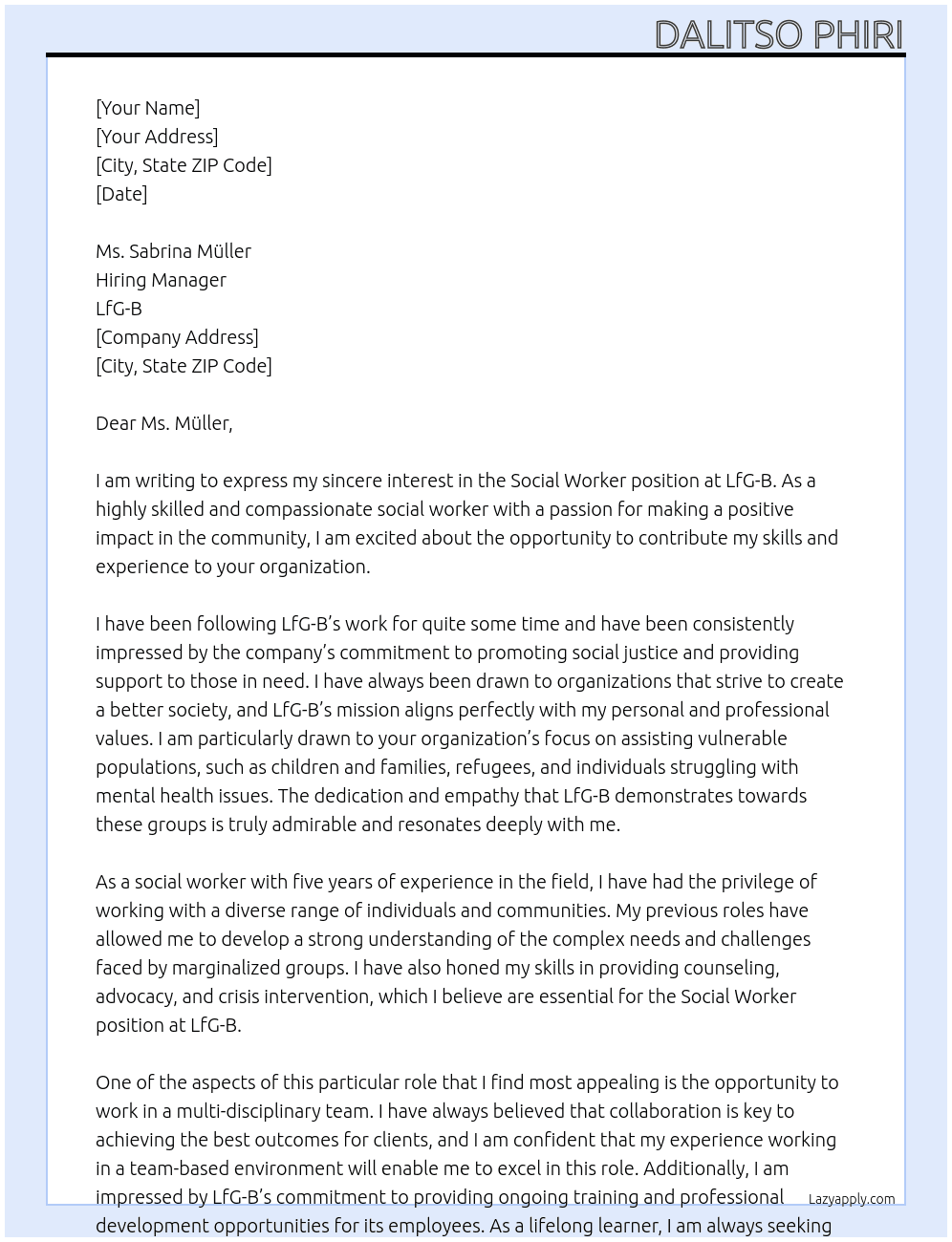 Social worker At LfG-B Cover Letter