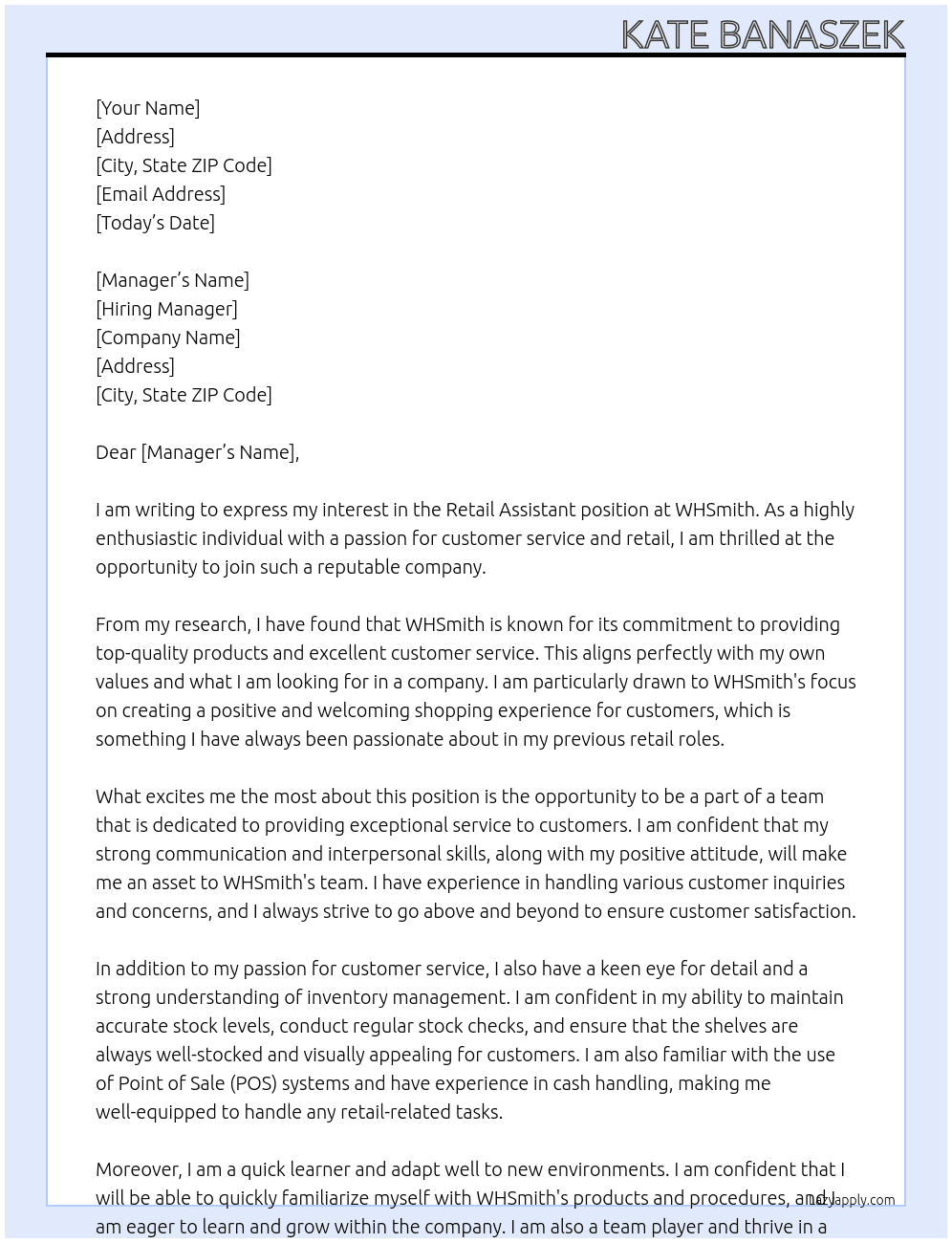 Retail Assistant - WHSmith At WHSmith Cover Letter
