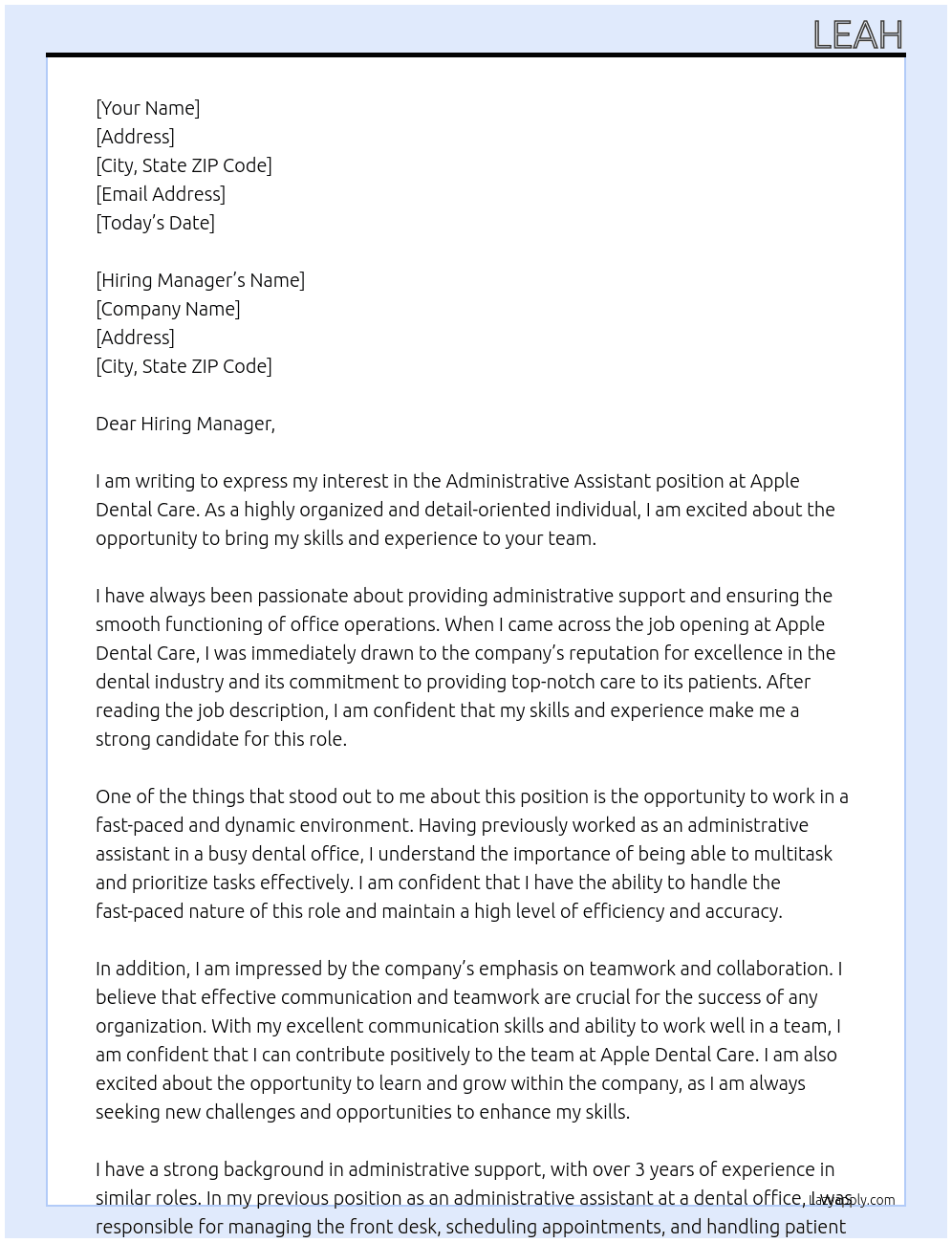 Administrative Assistant At Apple Dental Care Cover Letter