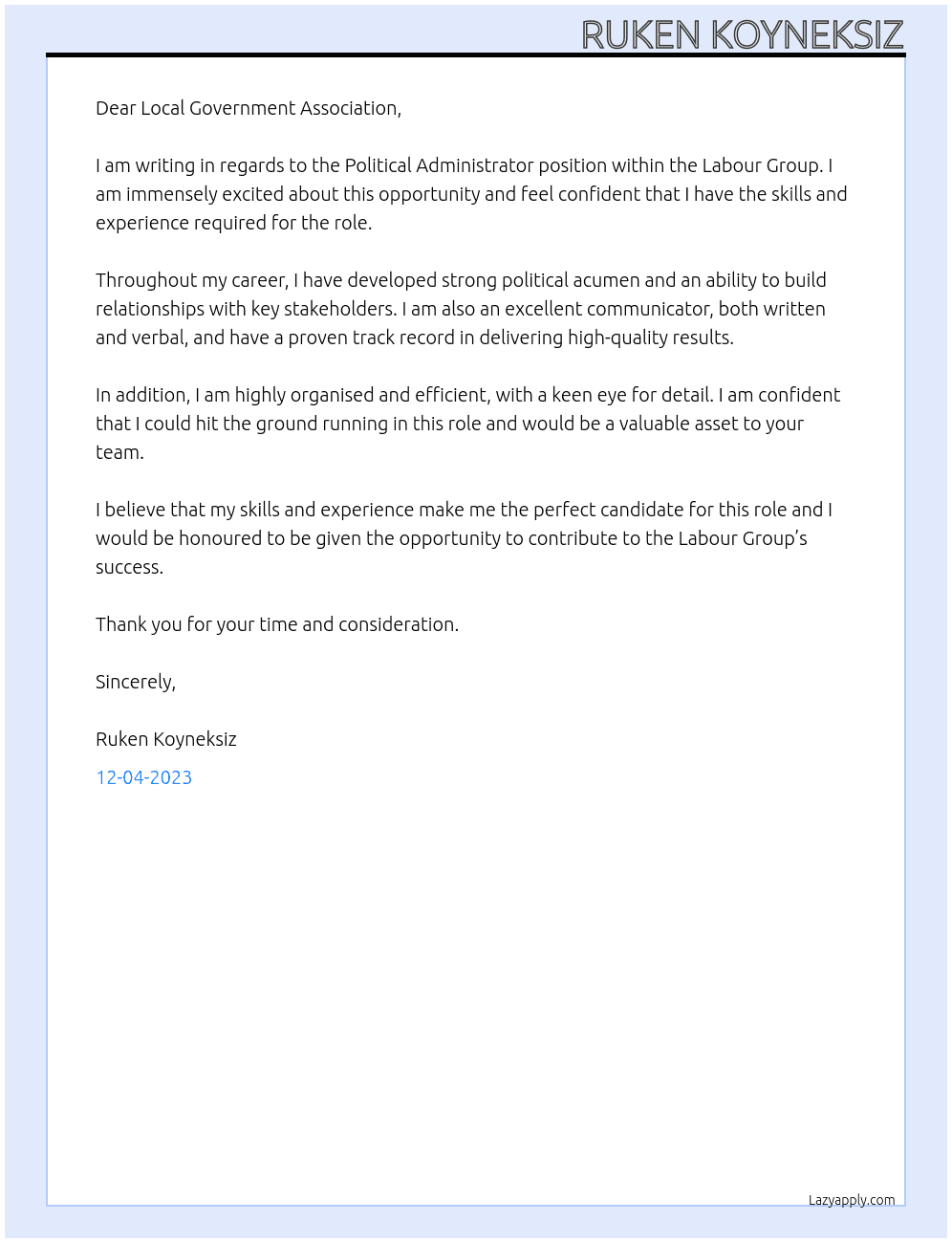 Political Administrator - Labour Group At Labour Group Office Cover Letter