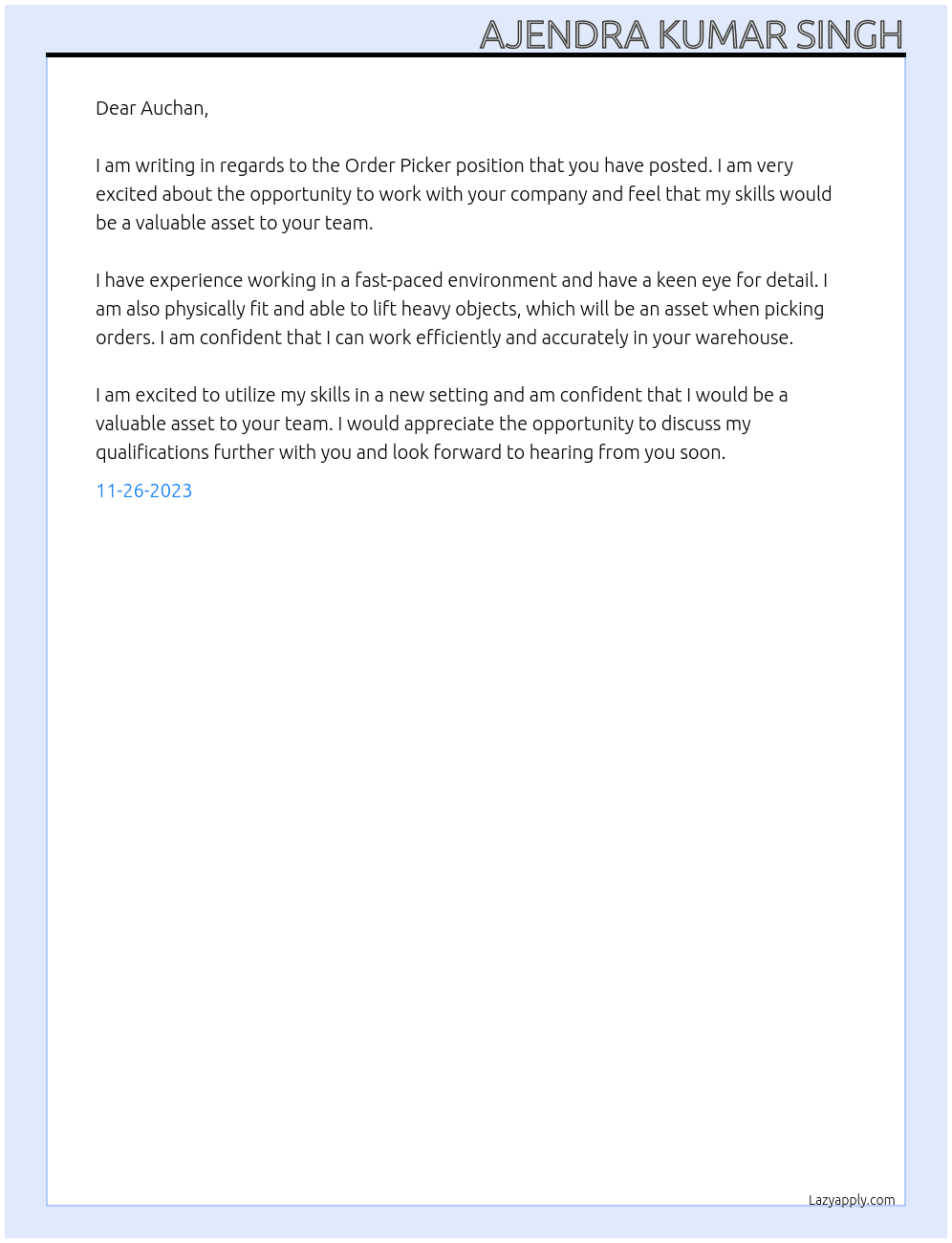 Order Picker At AUCHAN Cover Letter