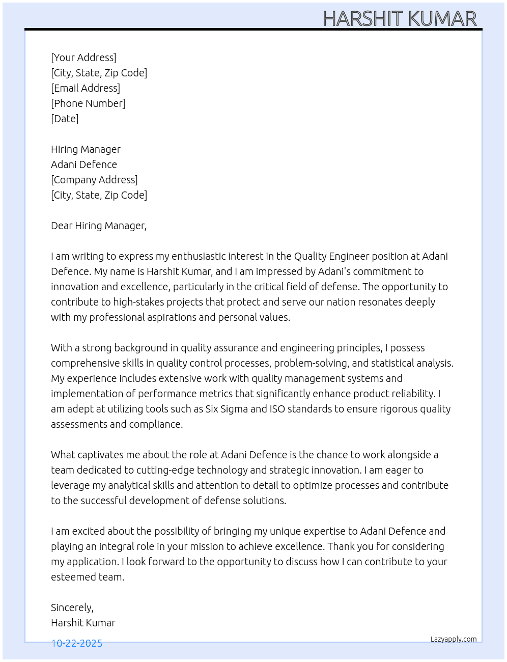 Quality Engineer  At Adani defence  Cover Letter