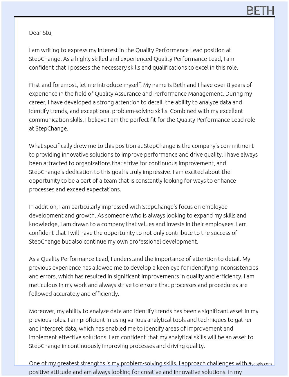 Quality Performance Lead At StepChange Cover Letter
