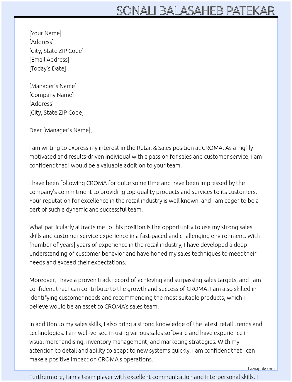 Retails & Sales At CROMA  Cover Letter