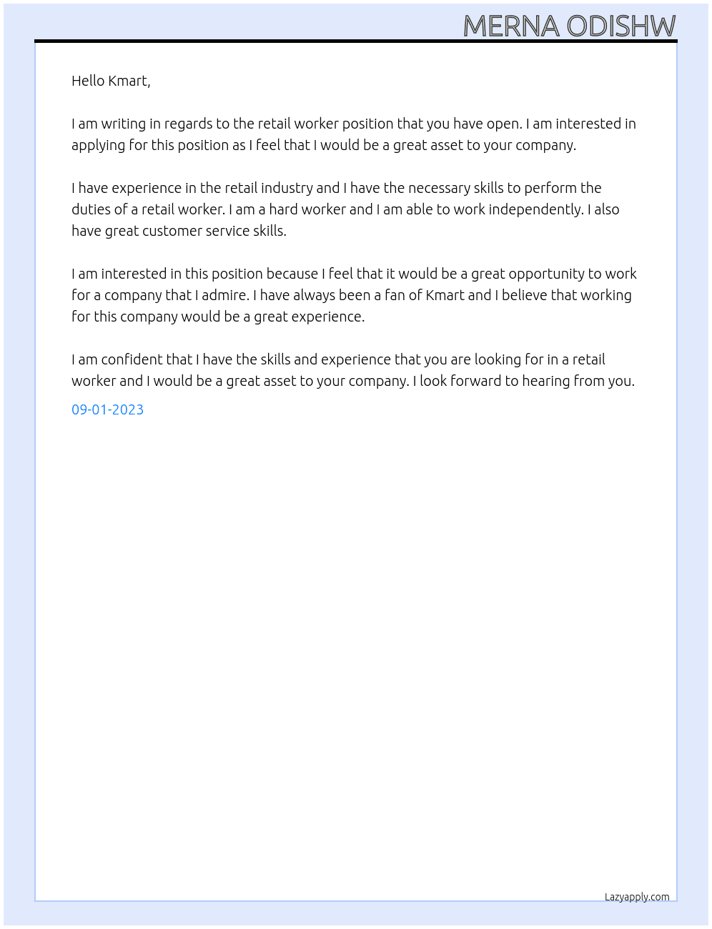 retail worker At kmart Cover Letter