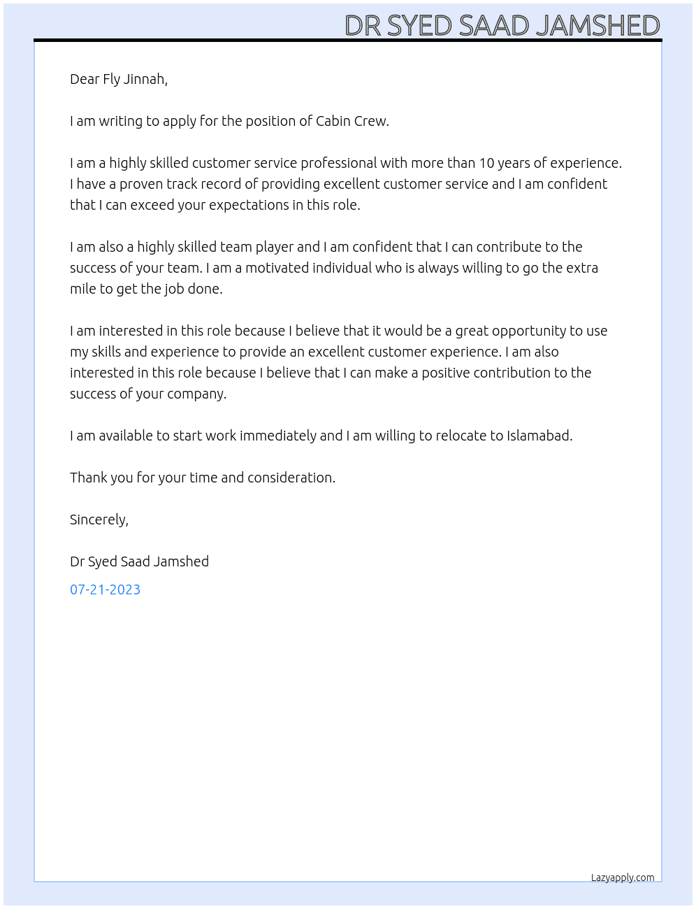 Cabin Crew At Fly Jinnah Cover Letter