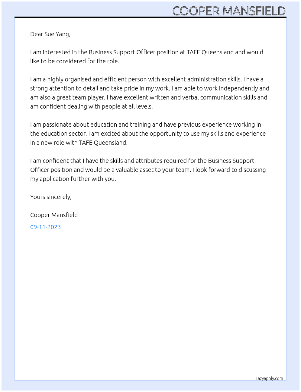 Business Support Officer At TAFE Queensland Cover Letter