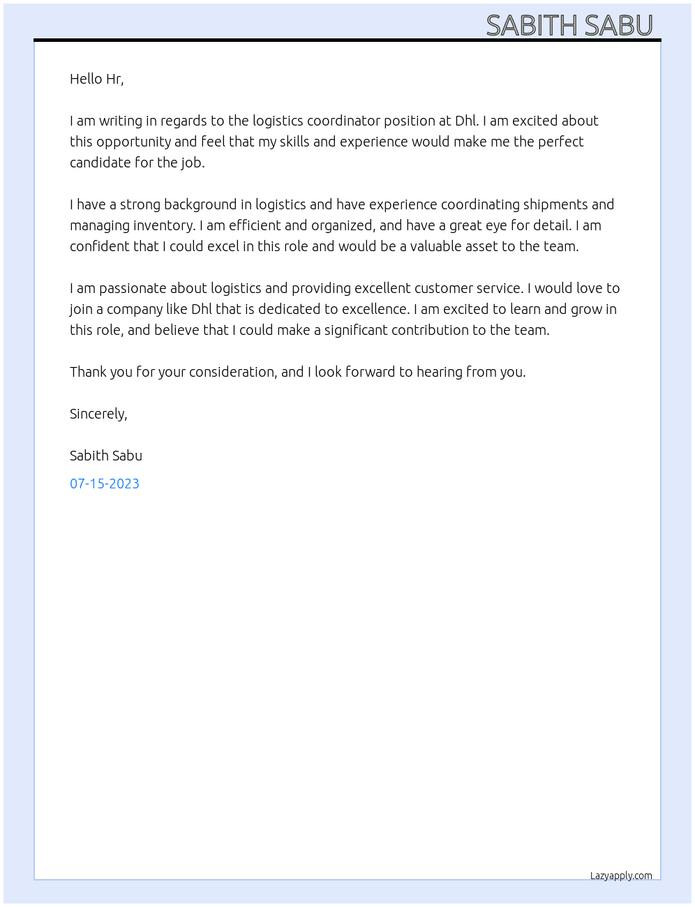 Logistics coordinator  At Dhl Cover Letter