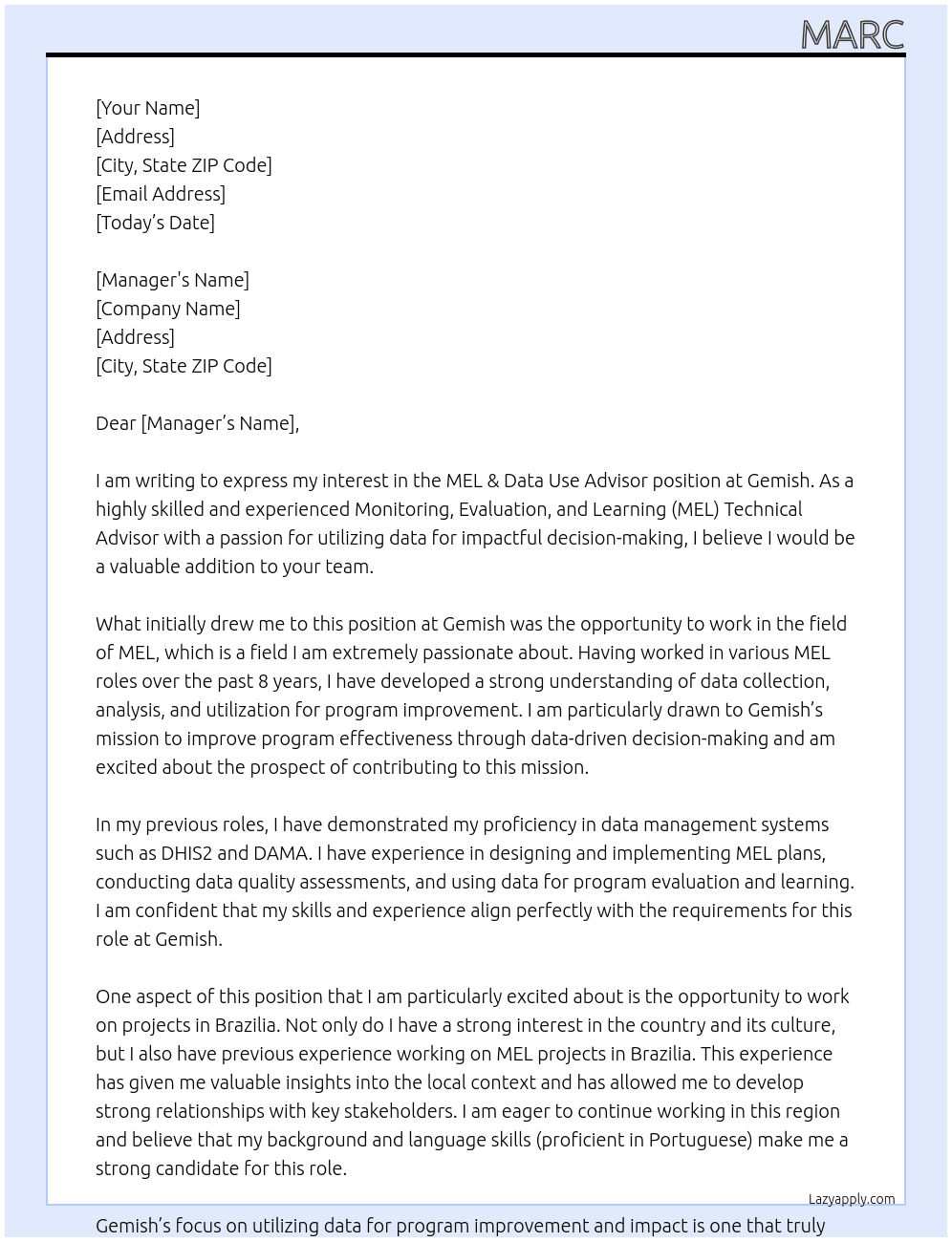 MEL & Data Use Advisor (Monitoring, Evaluation, and Learning (MEL) Technical Advisor At Gemish Cover Letter