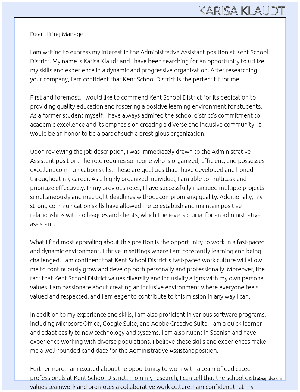 Administrative assistant  At Kent school district Cover Letter