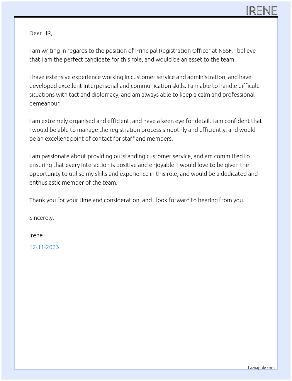 PRINCIPAL REGISTRATION OFFICER At NSSF Cover Letter