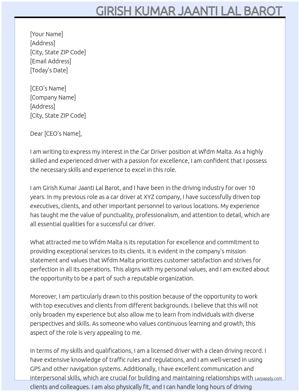 Car driver  At Wfdm Malta  Cover Letter