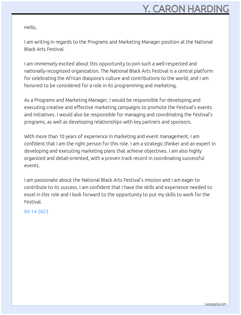 Programs and Marketing Manager  At National Black Arts Festival  Cover Letter