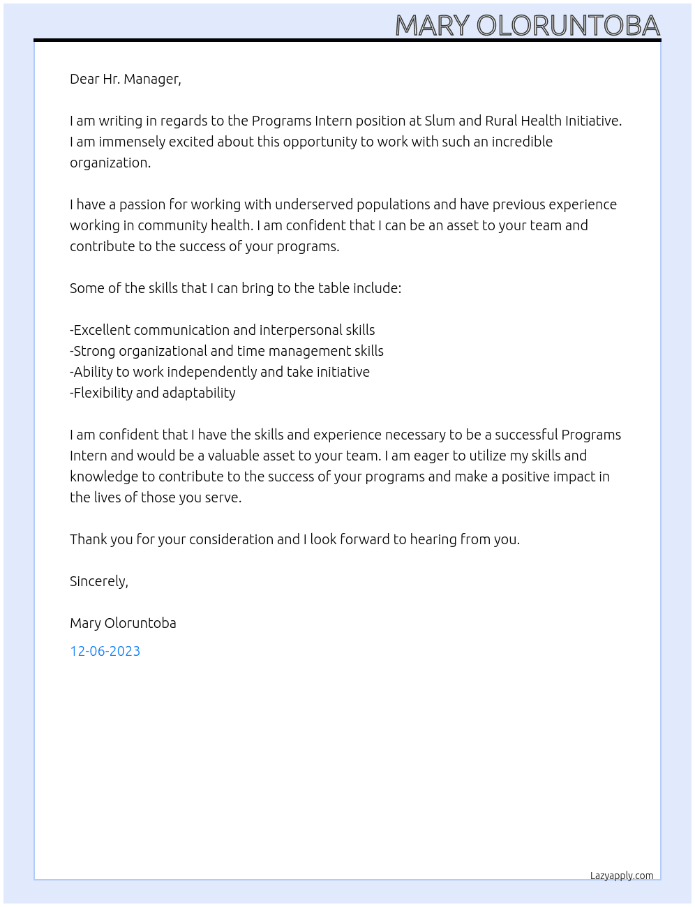 Programs Intern At Slum and Rural Health Initiative  Cover Letter