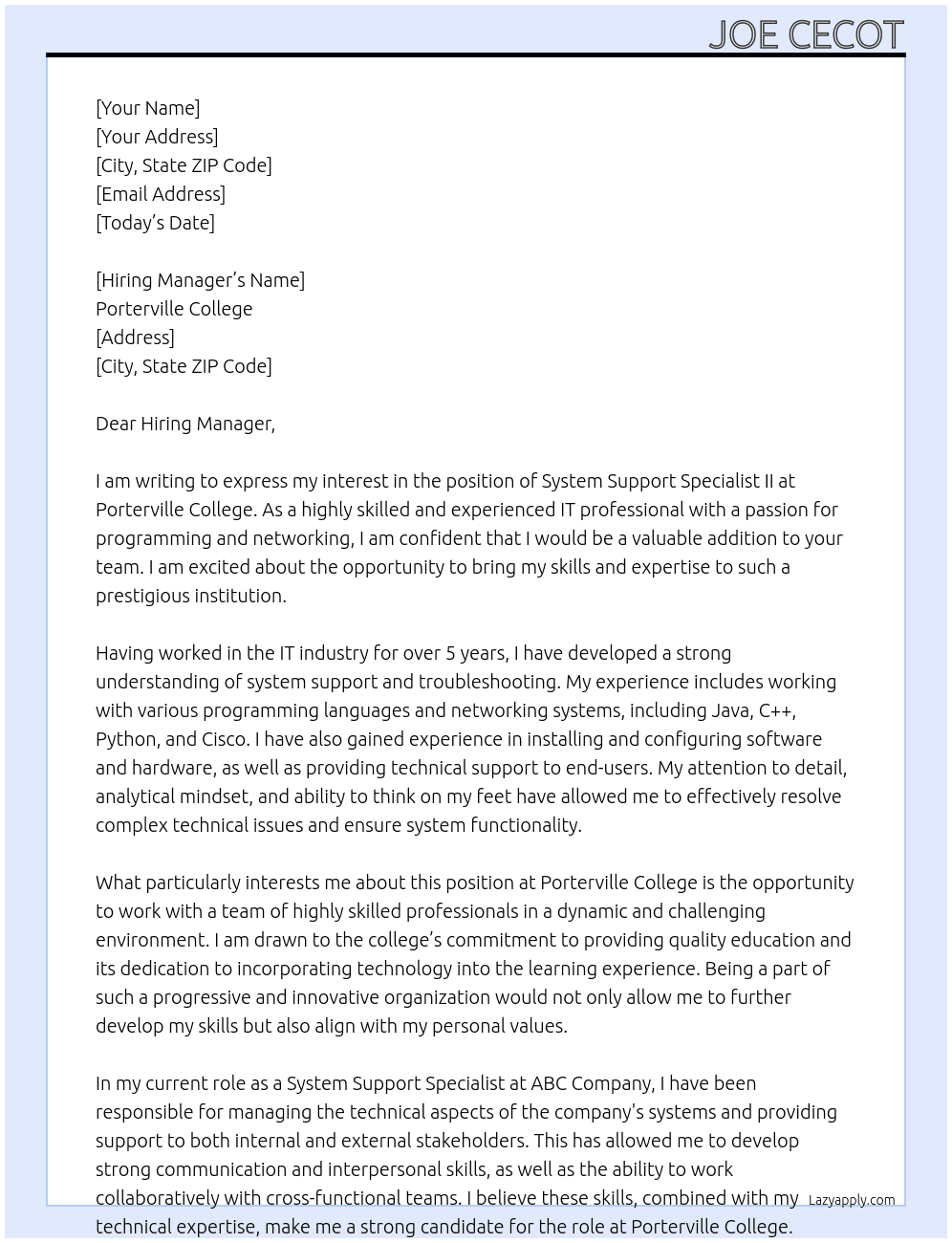 System Support Specialist II At Porterville College Cover Letter
