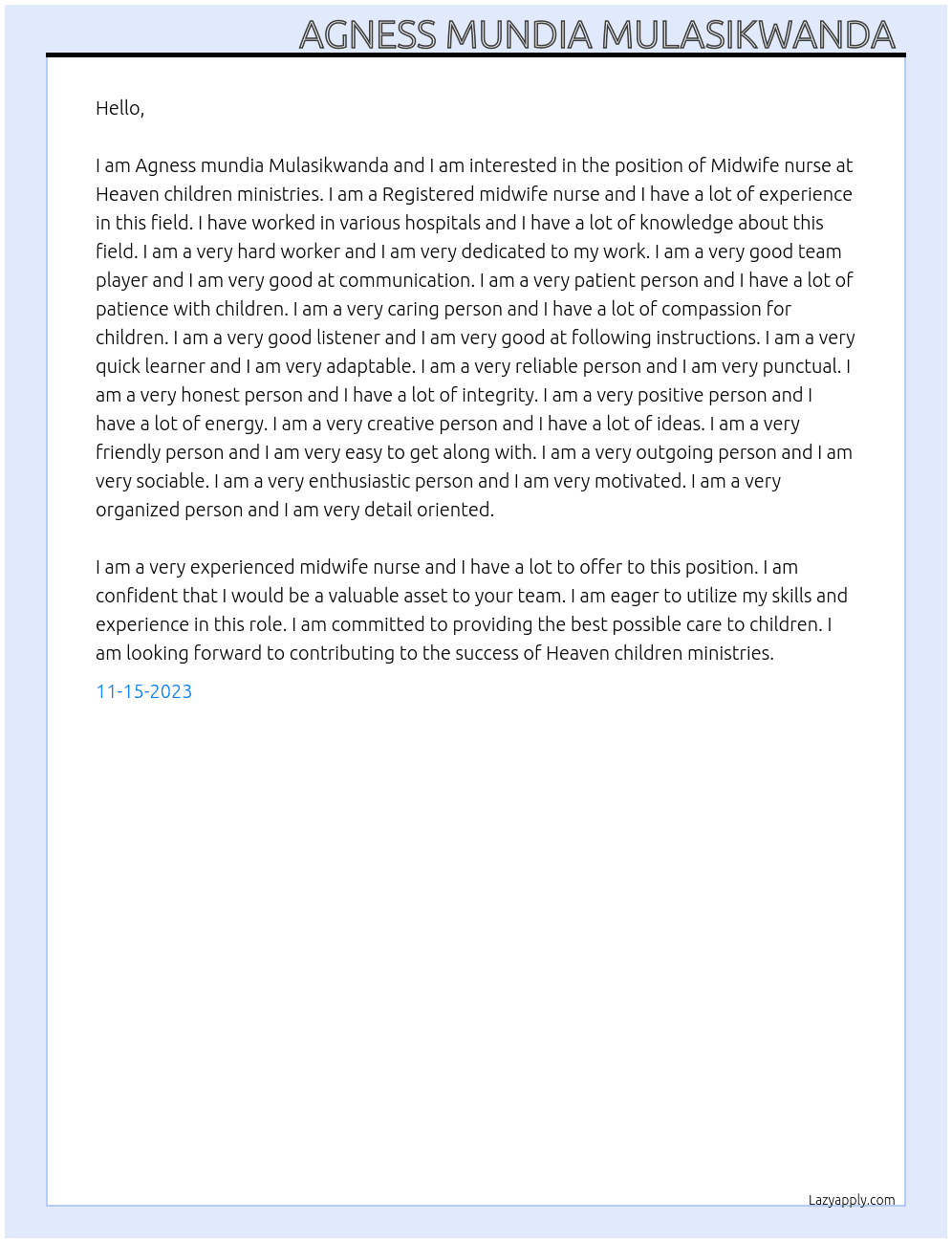 Midwife nurse At Heaven children ministries  Cover Letter