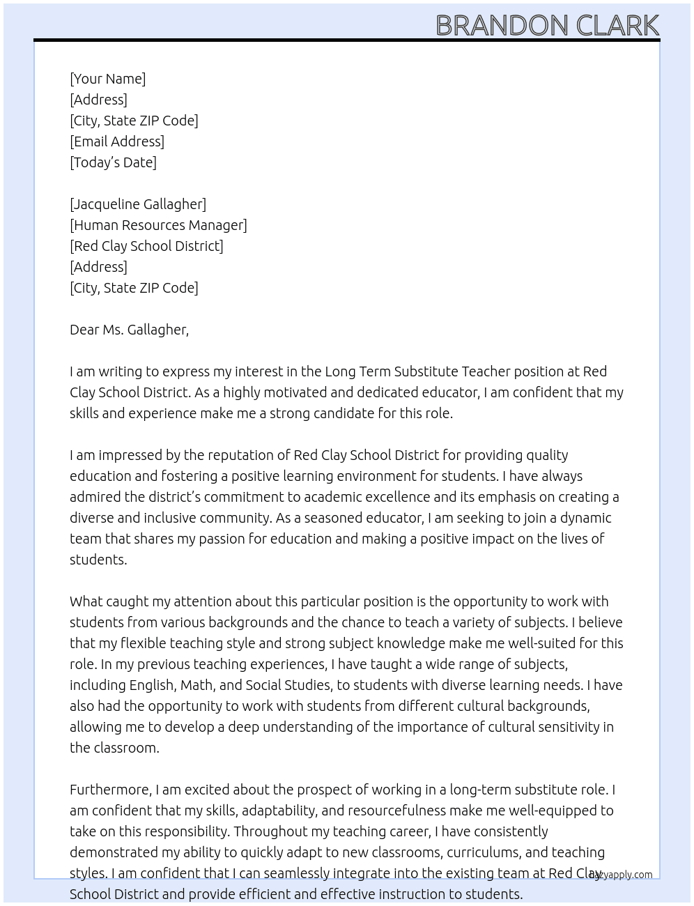 long term substitute teacher At Red Clay School District Cover Letter