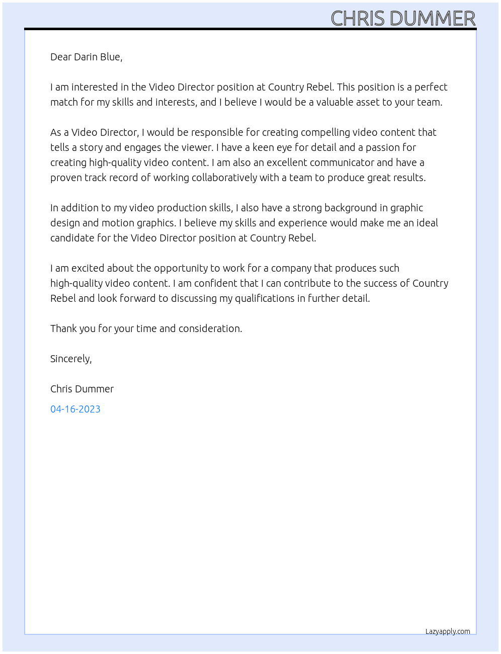 Video Director At Country Rebel Cover Letter