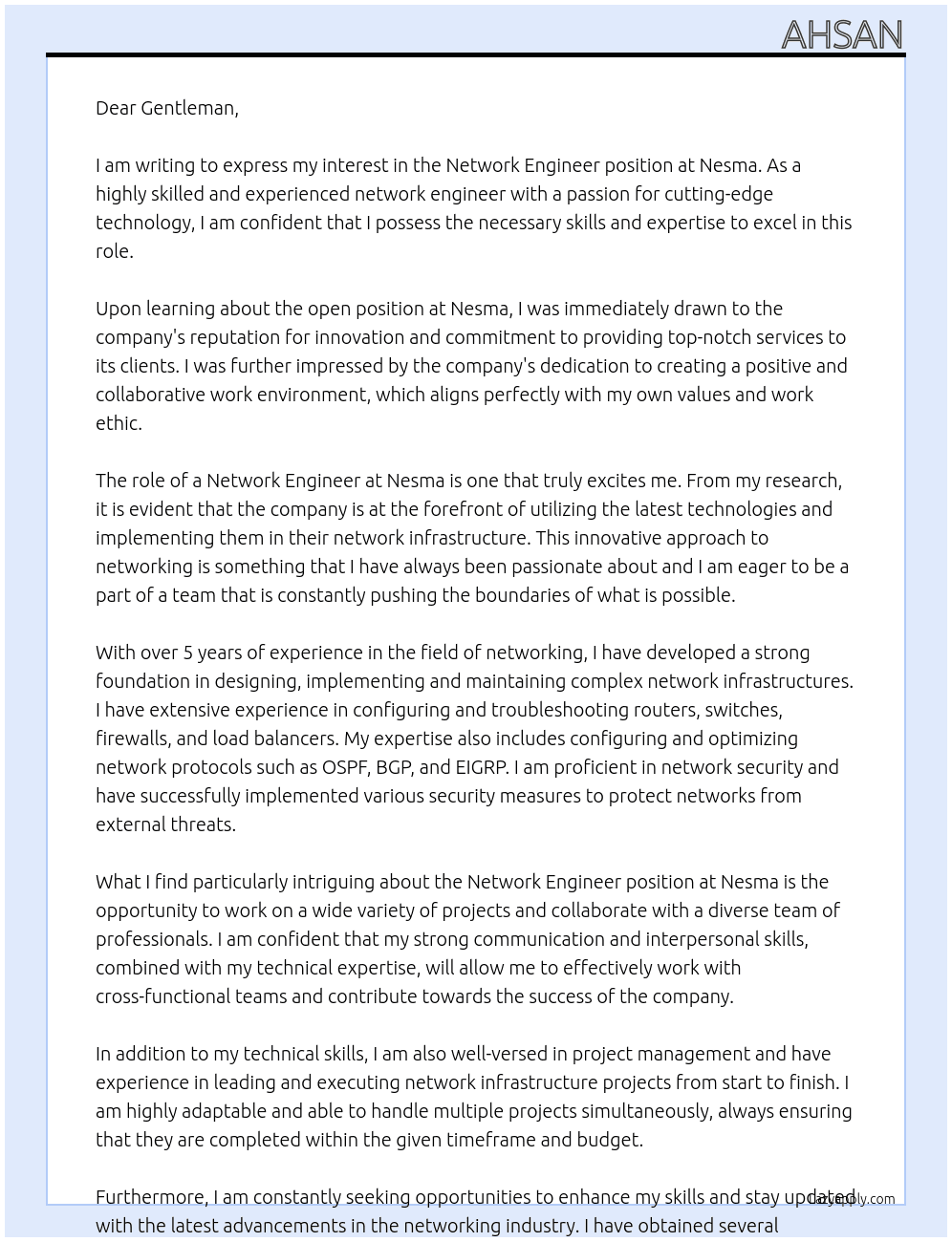 Network Engineer At Nesma Cover Letter