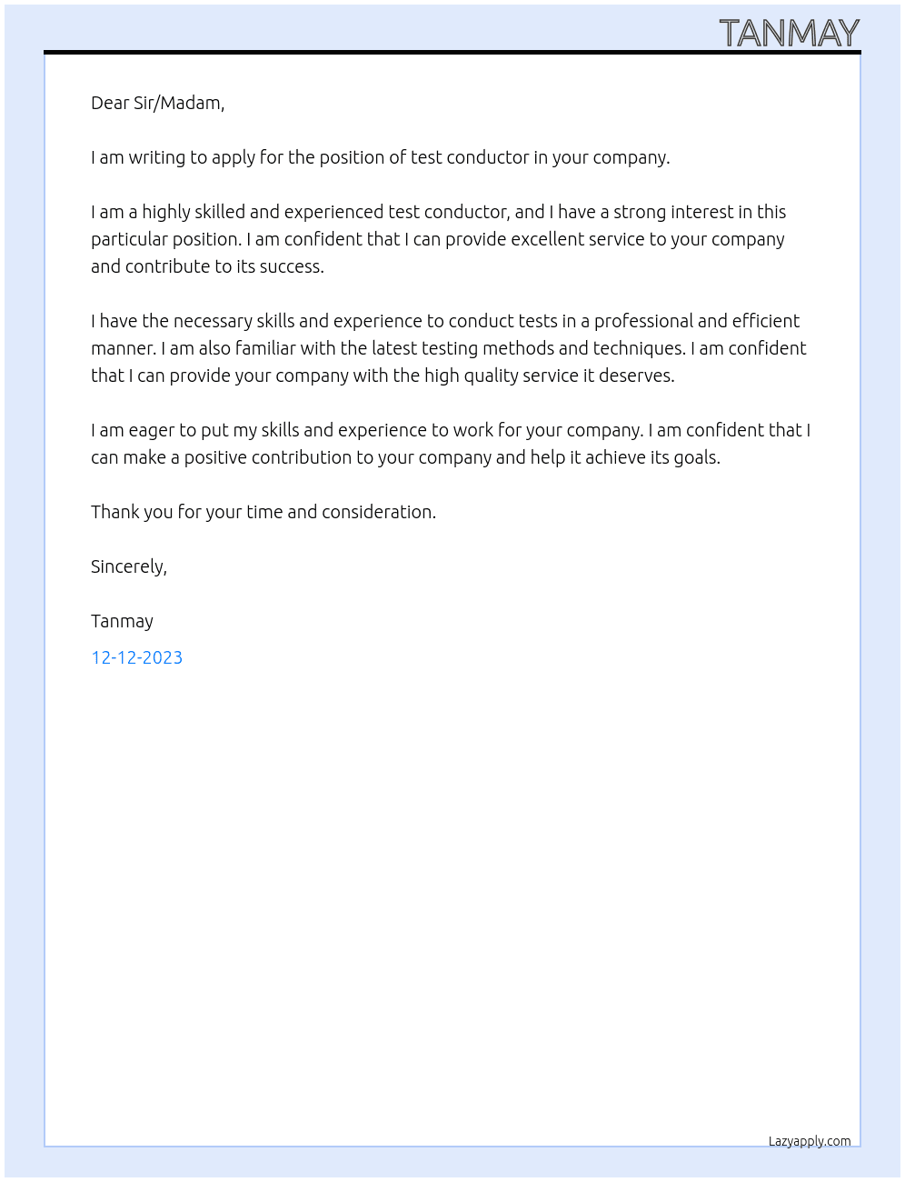 I have an appointment from doctor  At I want conduct my test in 1 period Cover Letter