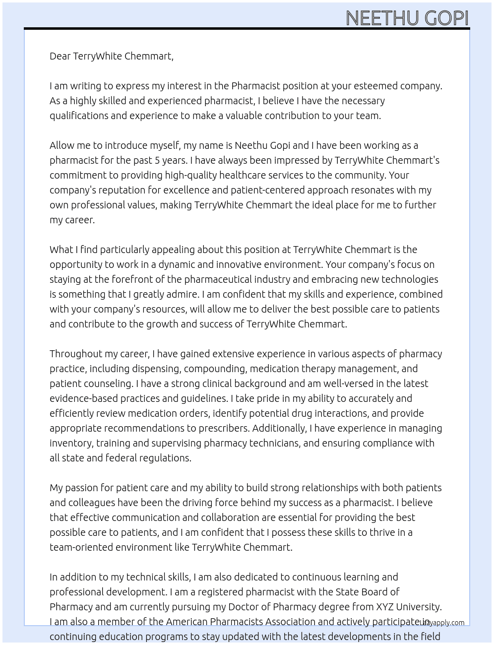 Pharmacist At TerryWhite Chemmart Cover Letter