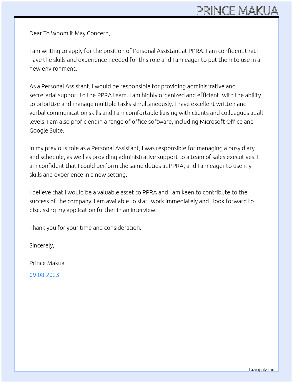 Personal Assistant At PPRA Cover Letter