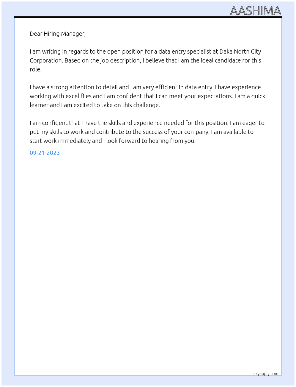 Enter data from excel file to w datable At Daka north city corporation Cover Letter