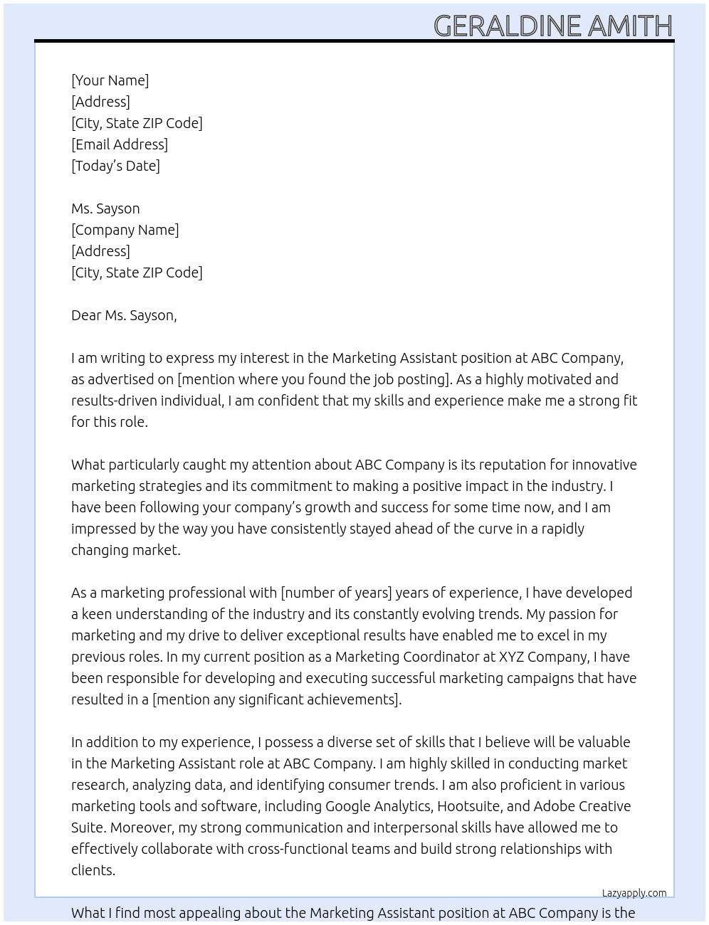 Marketing Assistant  At ABC Company  Cover Letter