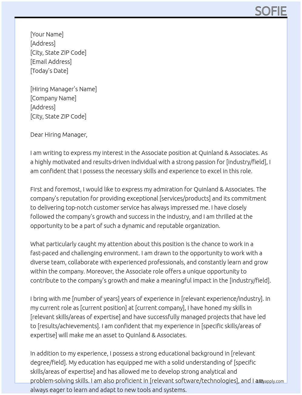 Associate At Quinland & Associates Cover Letter